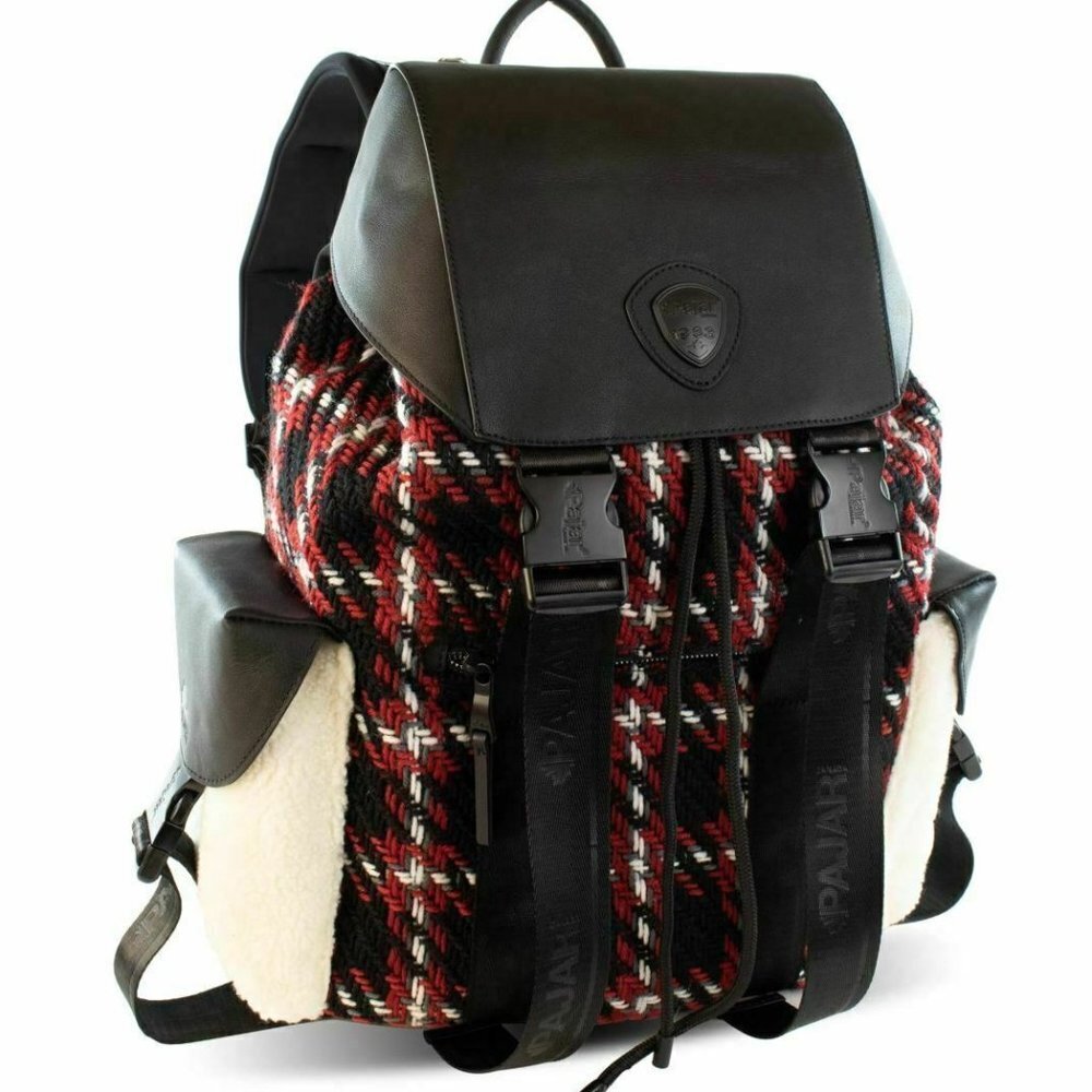 PAJAR-Logan Leather/Knit Luxury Special Force Sport Backpack-Black Plaid Mix-NWT